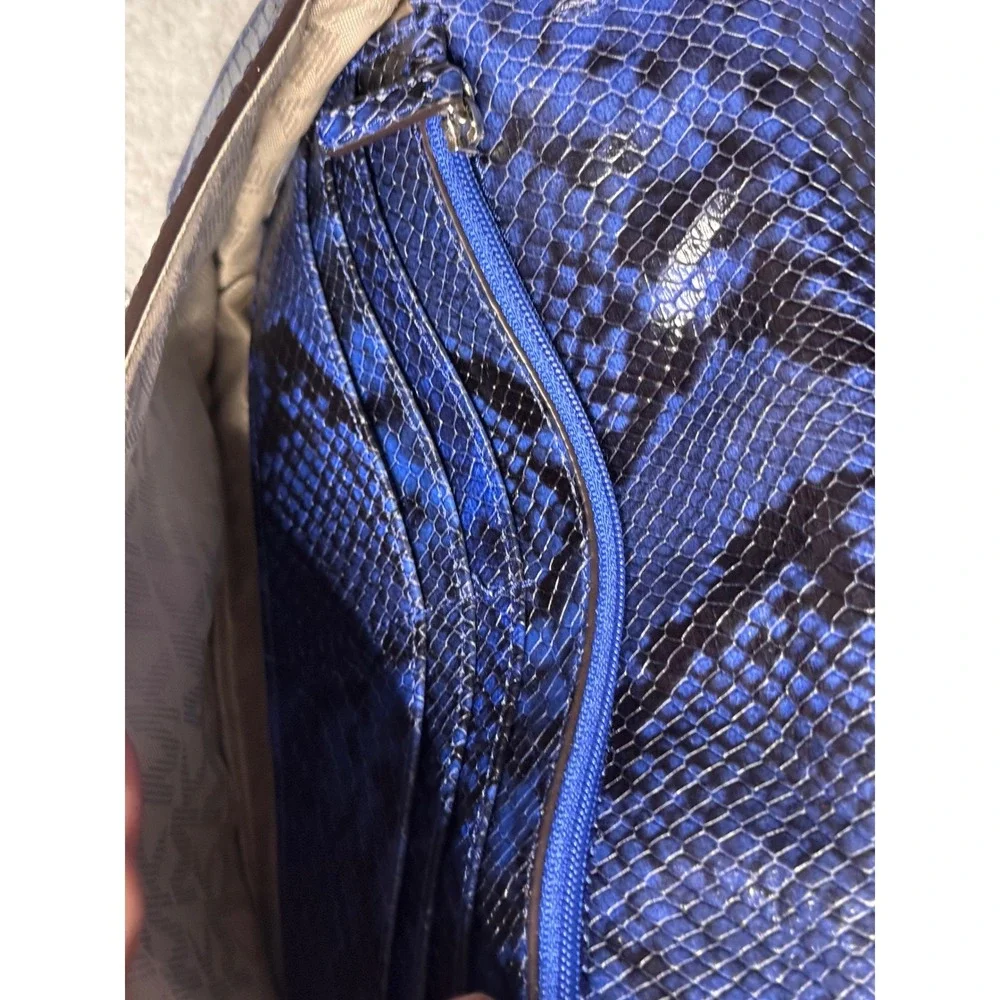 Michael Kors Ellie MD Shoulder Flap Clutch Bag Blue Snake Print Embossed Leather